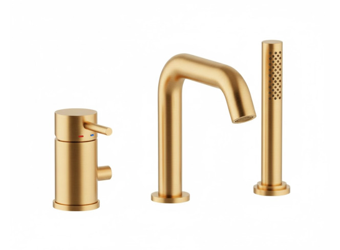 Змішувач для ванни Paffoni Light MAX FLOW на 3 отвори, ручний душ, вилив 200 мм, Brushed Honey Gold PVD (LIG045HGSP)